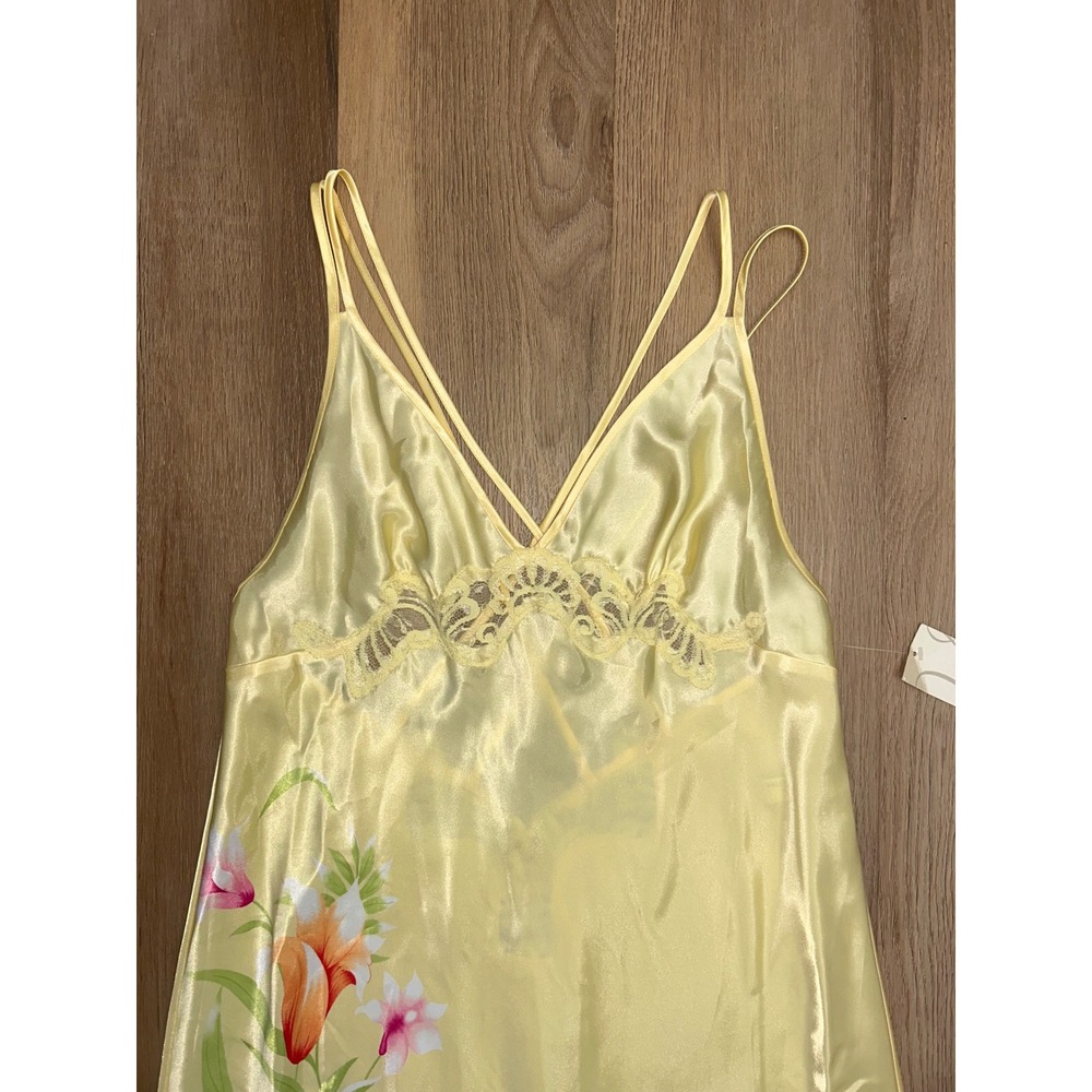 Vintage Yellow Floral Lace Maxi Gown Deadstock 90s Slip Dress M resort‎ beach - Picture 2 of 7